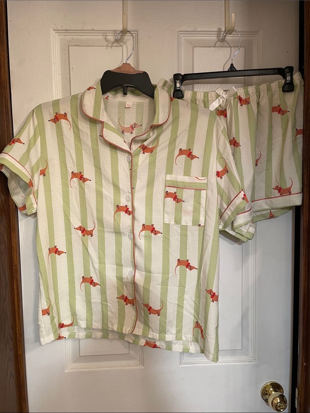 Source Unknown Green Stripe Short Pajama Set with Orange Dachshund print